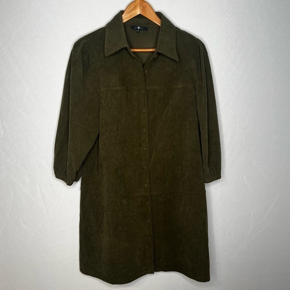 7 FOR ALL MANKIND Army Green Corduroy Button-Up Shirt Dress. Size Medium. - Picture 2 of 9